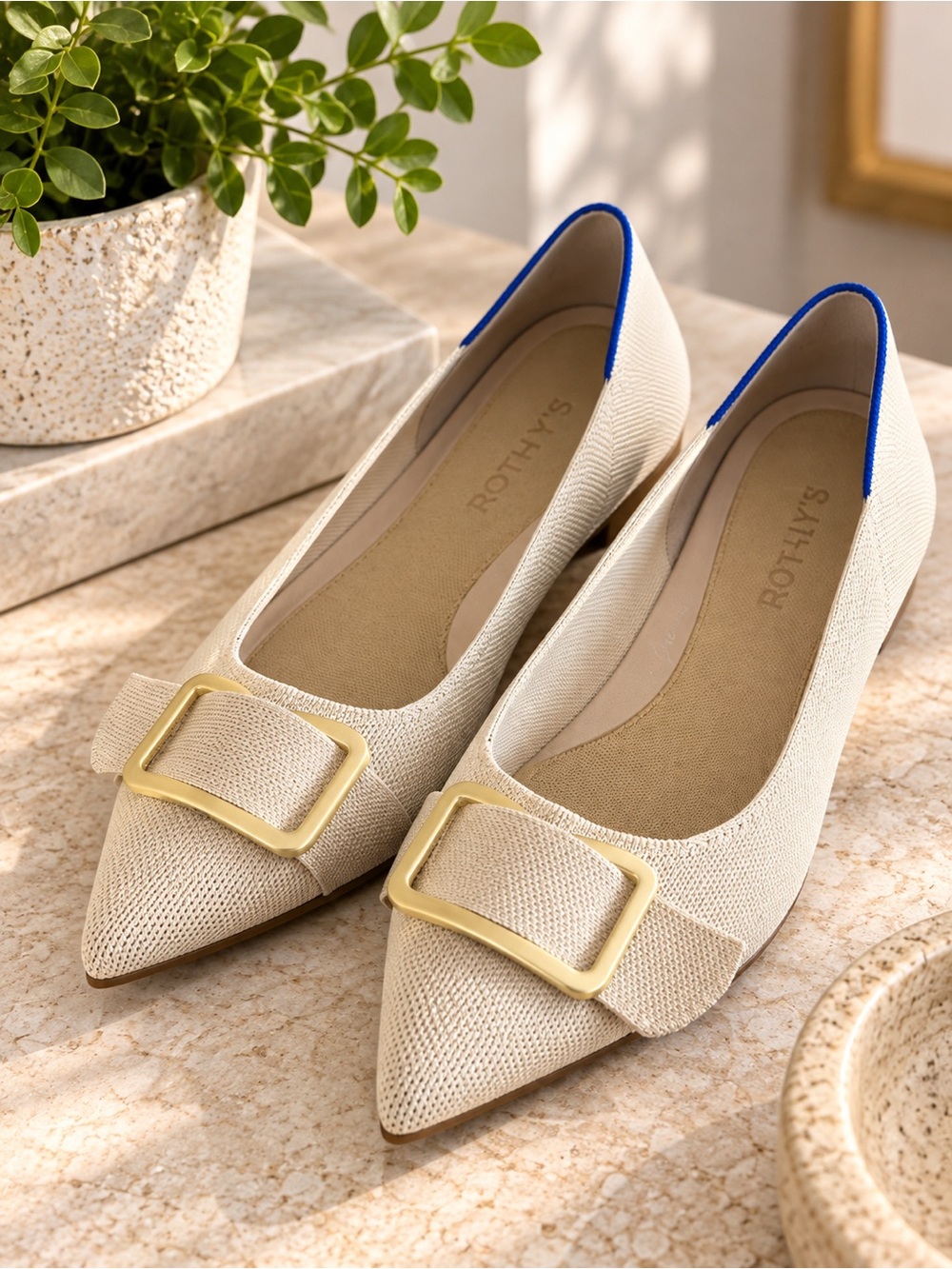 Rothy's Ivory Pointed Flats with Gold Buckle and Blue Trim #62